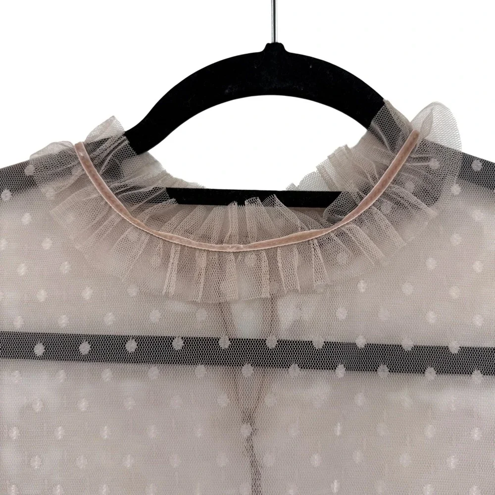 BooHoo Midi Long Sleeve Dress Tule Tiered Size 8‎ Tan Lace Sheer Romantic - Picture 7 of 13